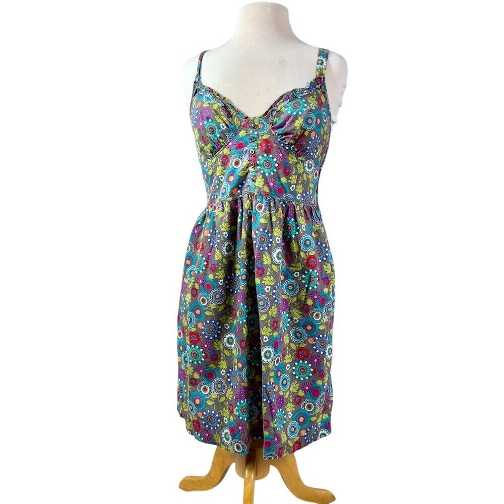 Tin Haul Cotton Dress Womens M Gray Multicolor Floral Midi Fit & Flare